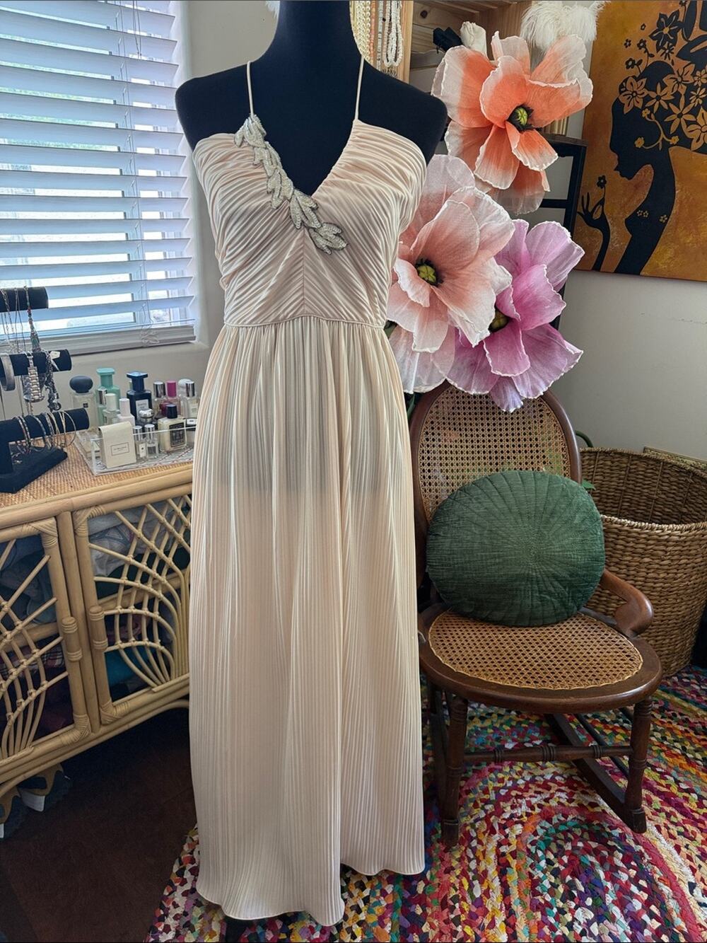 Vintage 70s/80s Lillie Rubin Peach Pleat Sequin Cross Back Boho Femme Maxi Dress